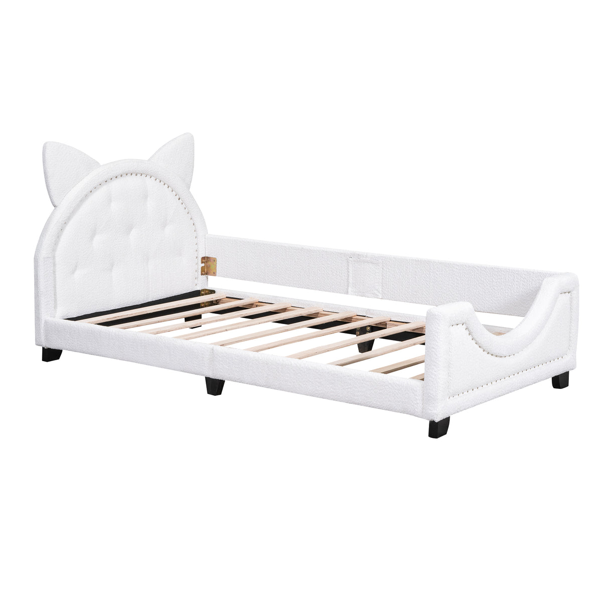 Teddy Fleece Twin Size Upholstered Daybed with Carton Ears Shaped Headboard White
