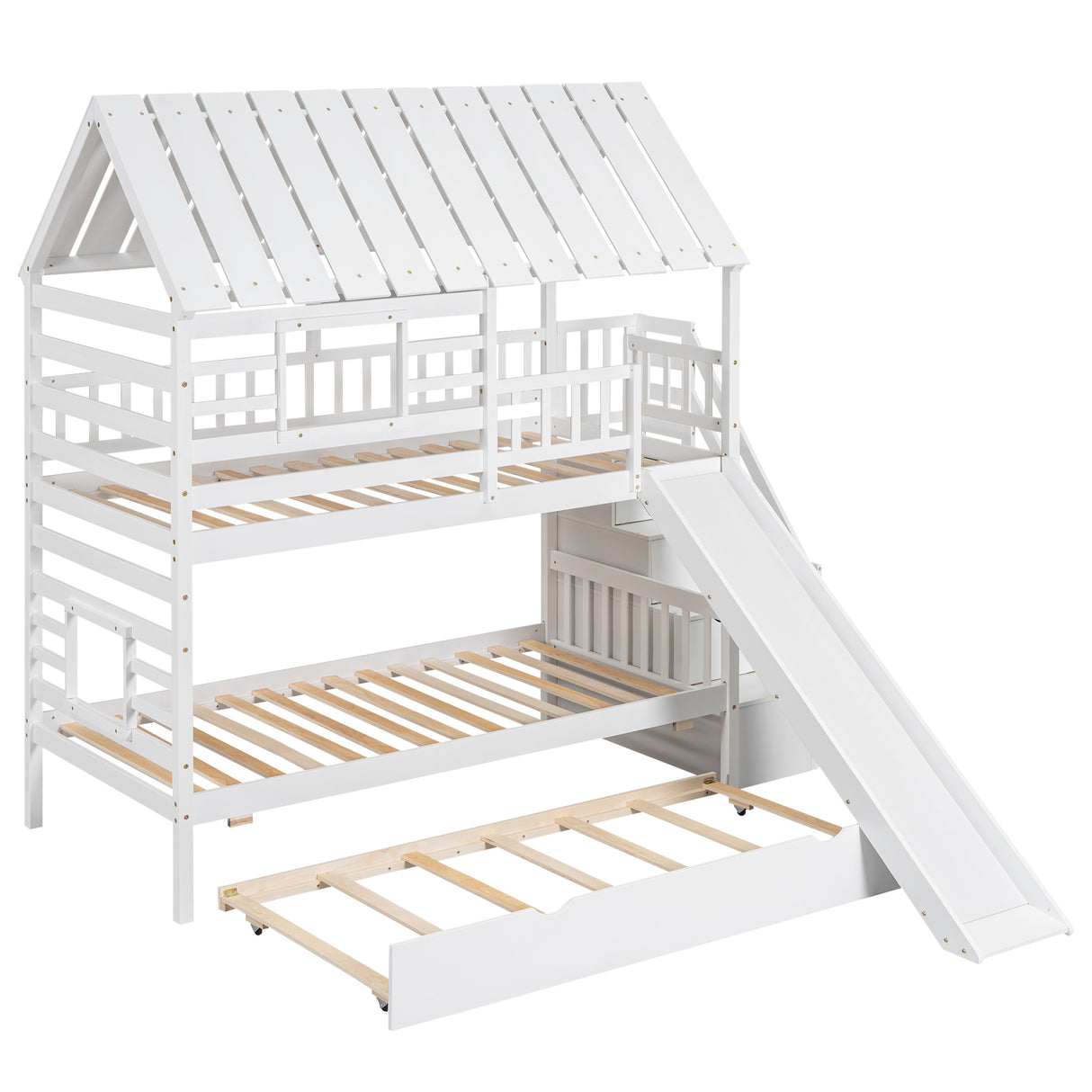 Twin over Twin House Bunk Bed with Trundle and Slide Storage Staircase Roof and Window Design White
