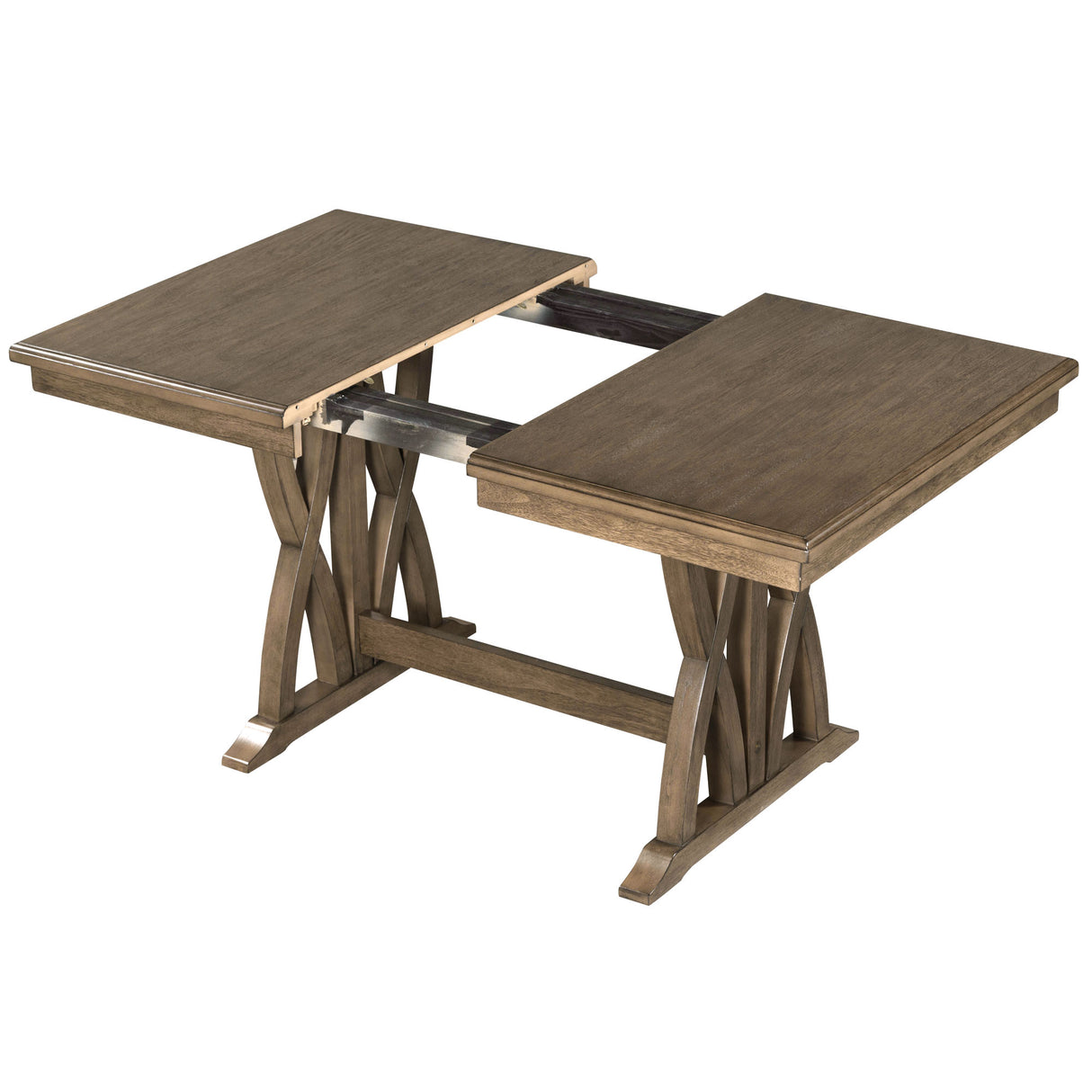 TOPMAX Mid Century Solid Wood 7-Piece Expandable Dining Table Set with Soft Cushioned Chair, Gold Brown+Gray Cushions