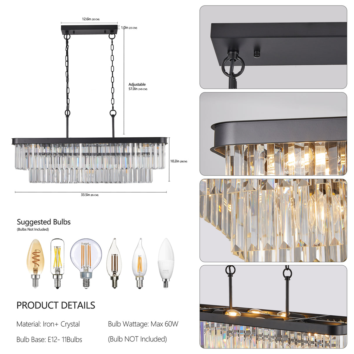 Chandeliers,Rectangular Crystal Chandelier Adjustable,E12 Modern Industrial Crystal Lights (Bulb Not Included) - V.I.P Digital Presence