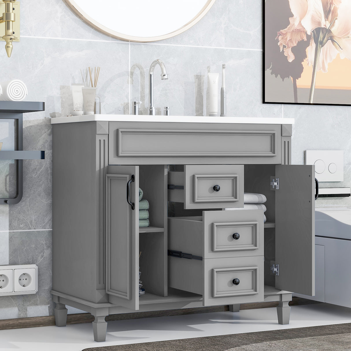 36'' Bathroom Vanity with Top Sink, Modern Bathroom Storage Cabinet with 2 Soft Closing Doors and 2 Drawers, Single Sink Bathroo - V.I.P Digital Presence