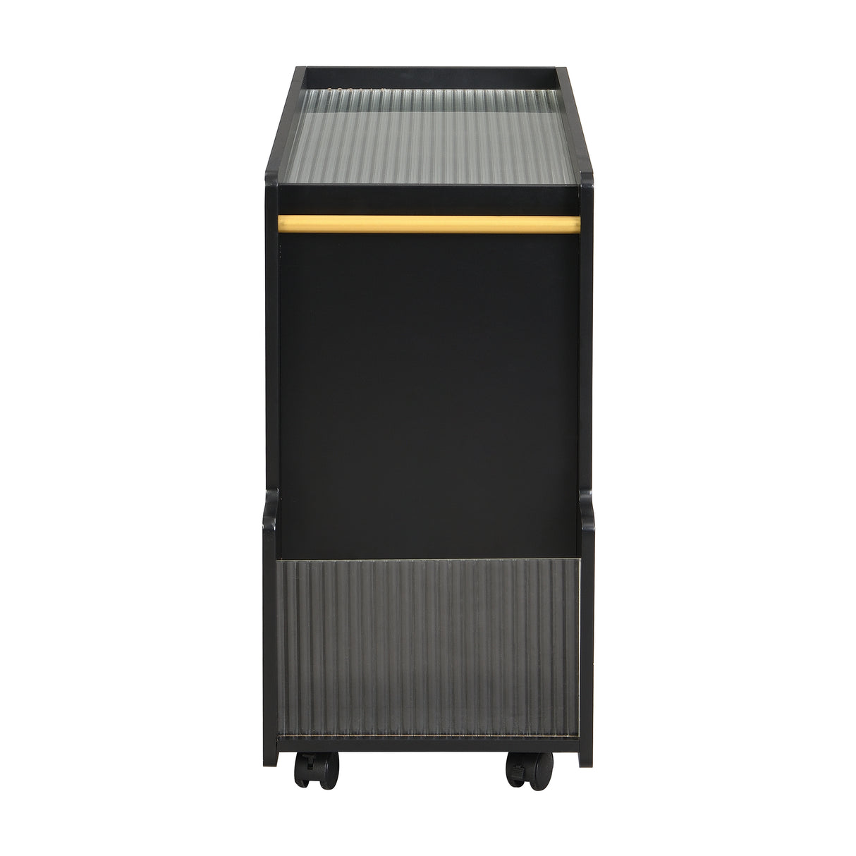 Stylish mobile desk with lockable wheels,bedside table with 5mm thick grooved tempered glass and gold round bars ,black - V.I.P Digital Presence