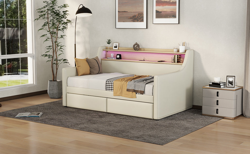 Twin Size Daybed with Storage Drawers, Upholstered Daybed with Charging Station and LED Lights, Beige - V.I.P Digital Presence