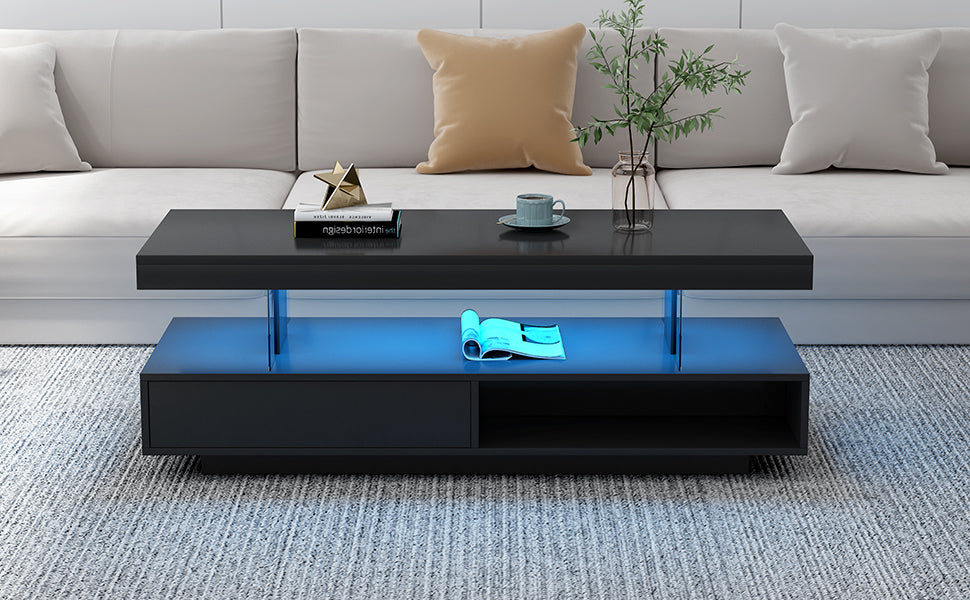 U-Can LED coffee table with storage space, modern central table with 2 drawers and display rack, equipped with LED lights, black - V.I.P Digital Presence