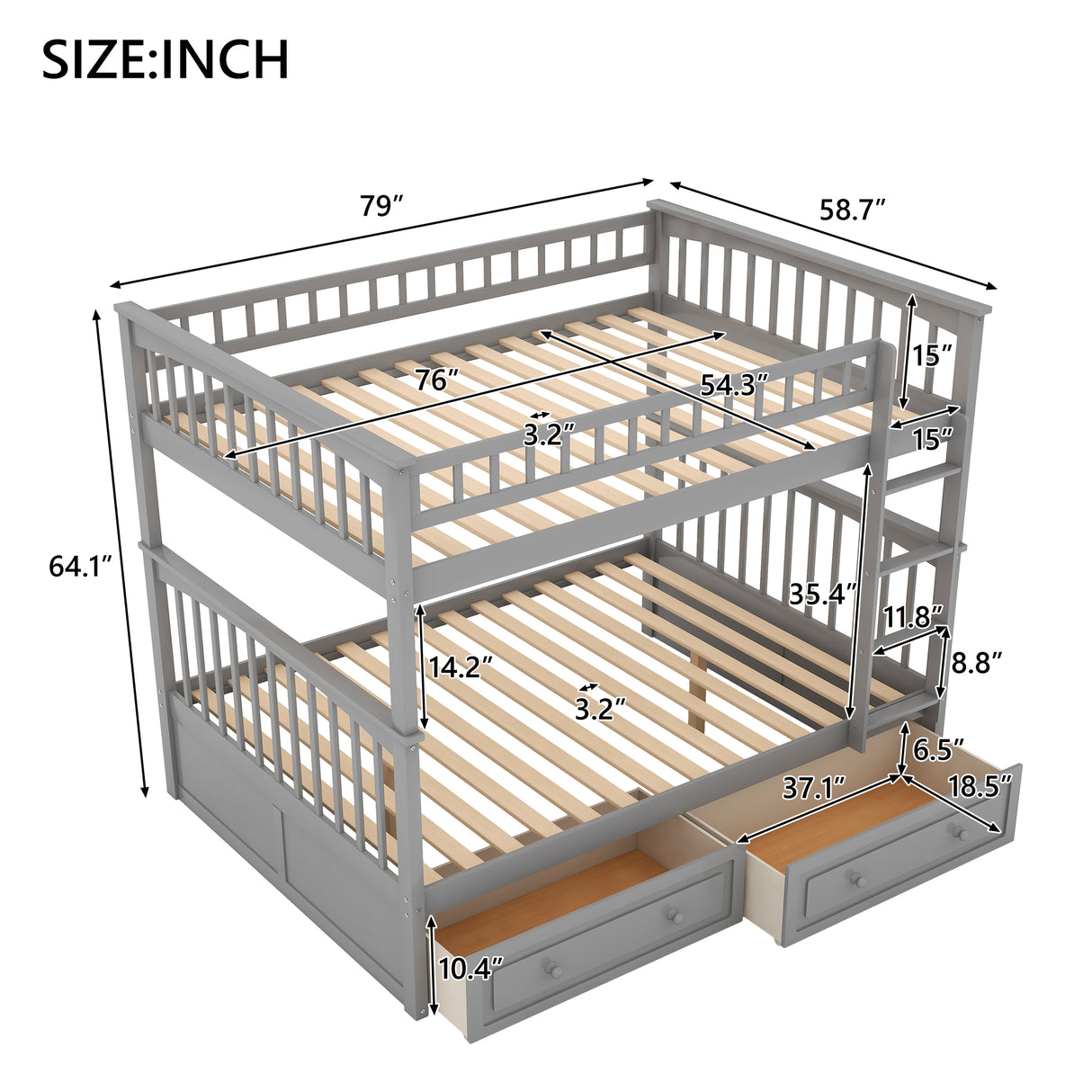 Full over Full Bunk Bed with Drawers, Convertible Beds Gray