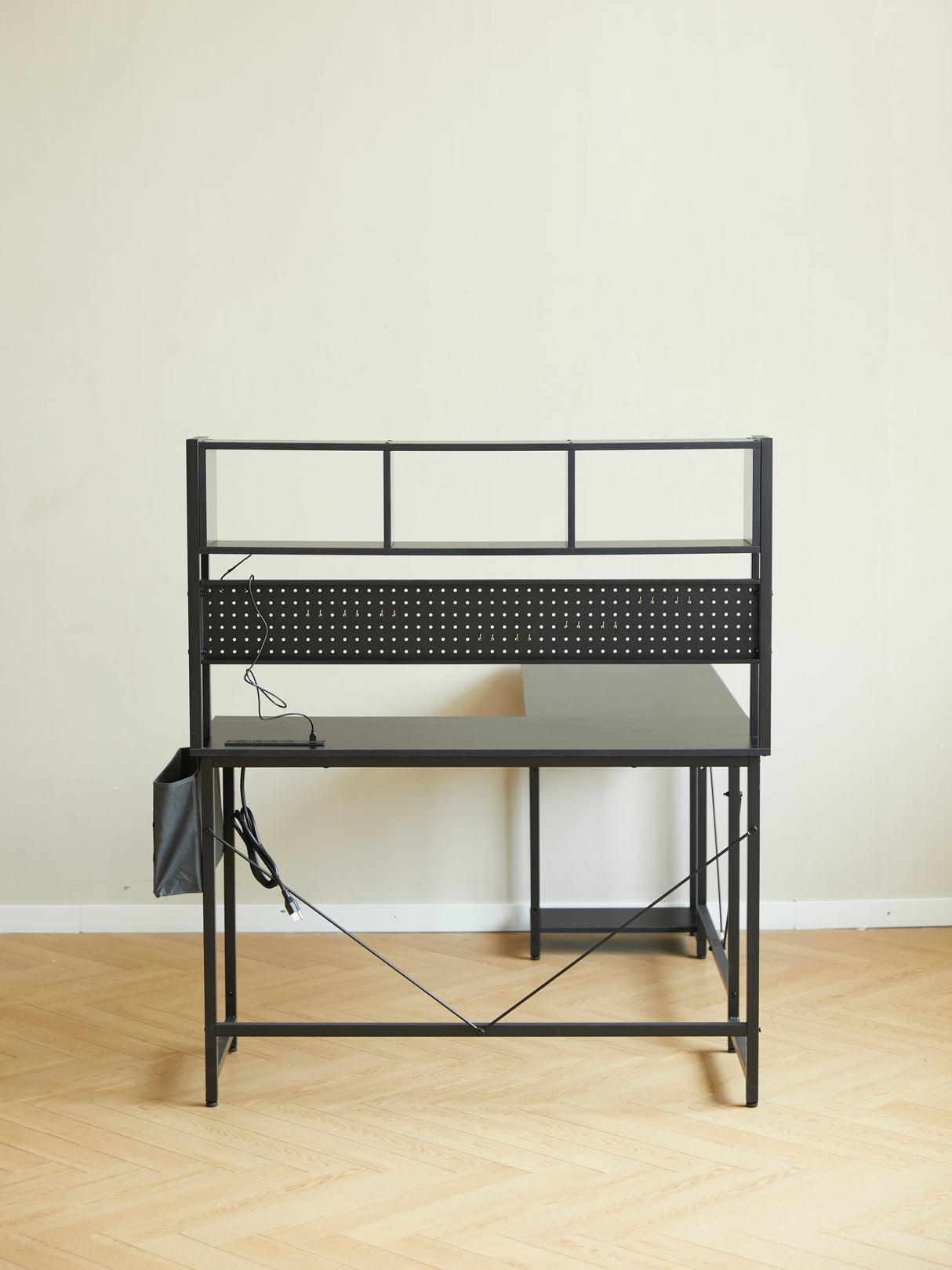 94.5 Inch Home Office Desk L shape gaming desk with LED storage Shelves METAL PANNEL and stool (BLACK) - V.I.P Digital Presence