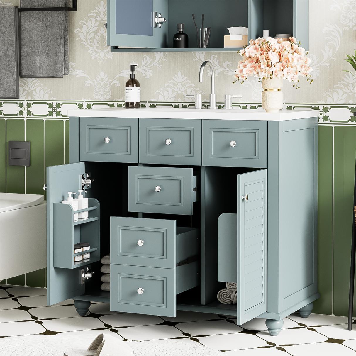 36 "bathroom makeup cabinet with resin sink combination and 2 drawers, with soft closing door, blue color - V.I.P Digital Presence