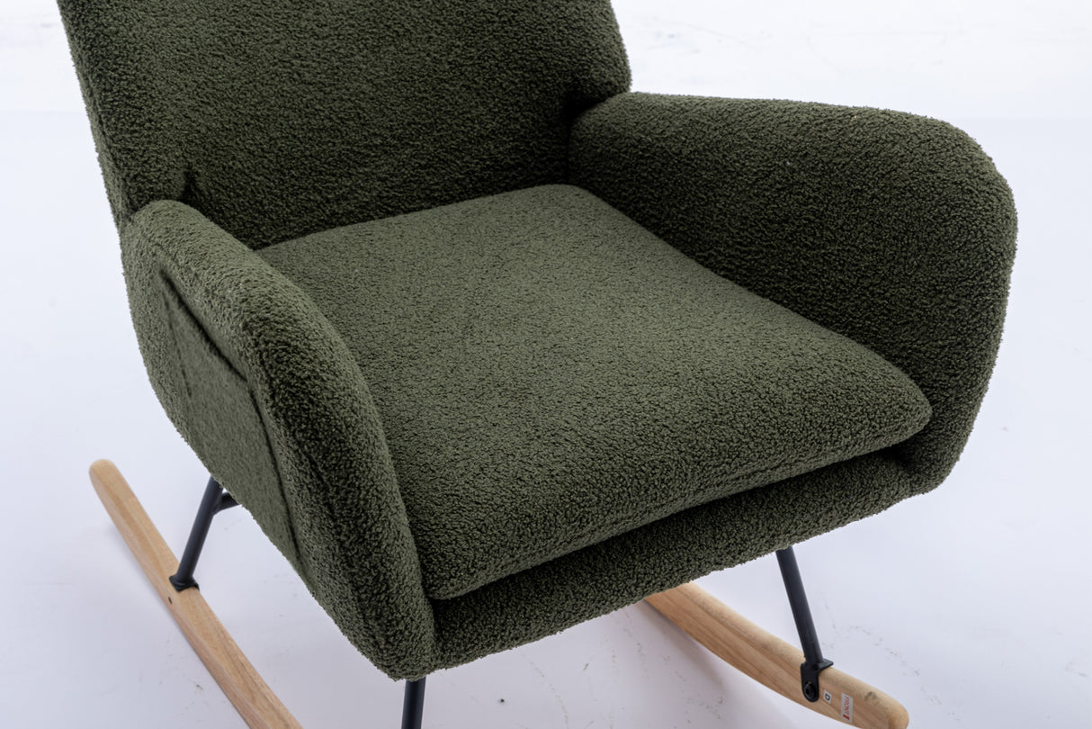 35.5-inch soft Teddy fabric rocking chair with pockets, comfortable wing straps, secure solid wood base (dark green)
