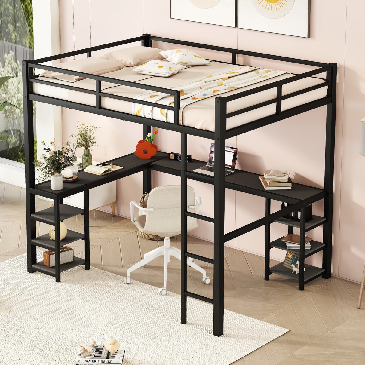 All metal loft bed with desk and shelf, loft bed with ladder and guardrail, black with black desk - V.I.P Digital Presence