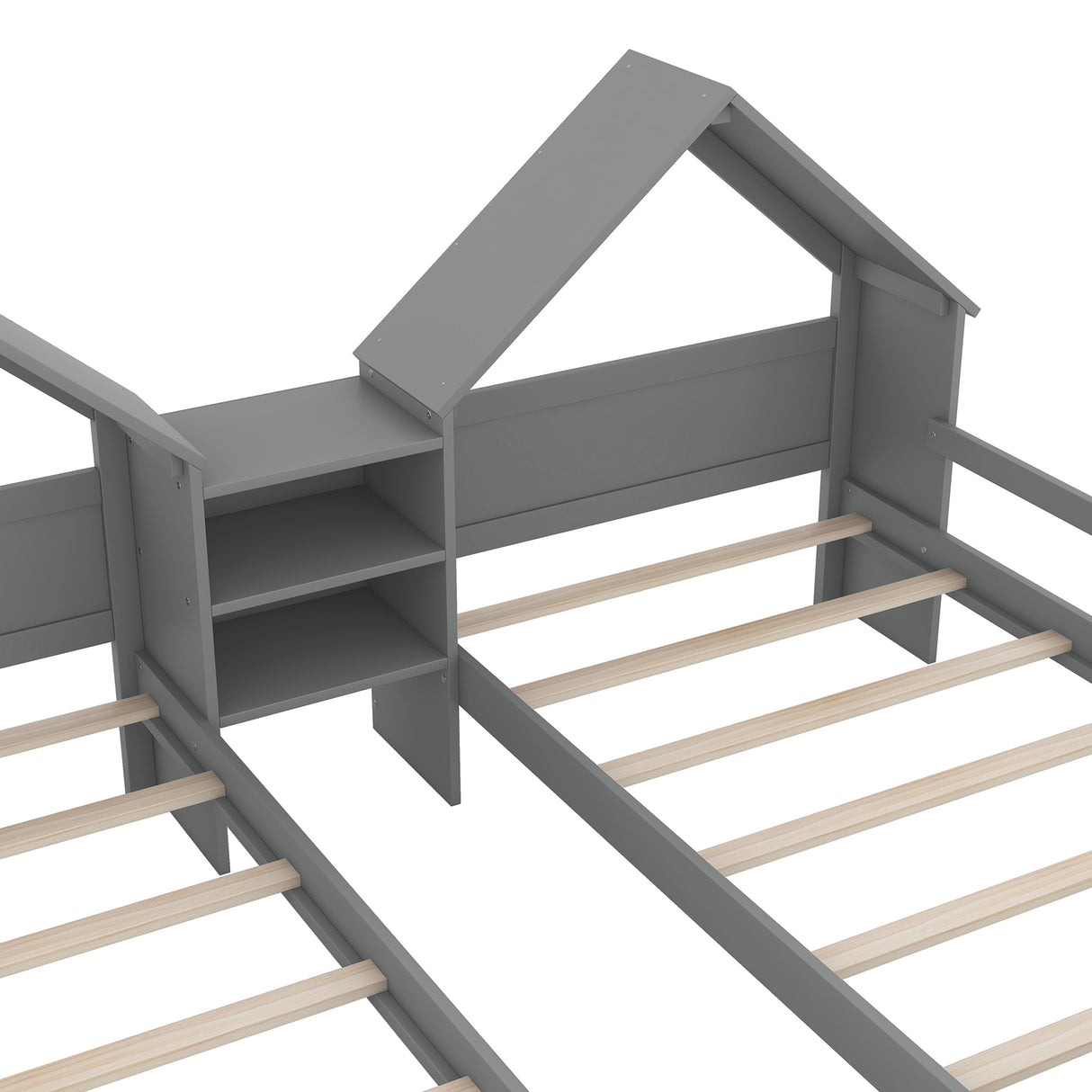 Double Twin Size Platform Bed with House-shaped Headboard and a Built-in Nightstand Grey