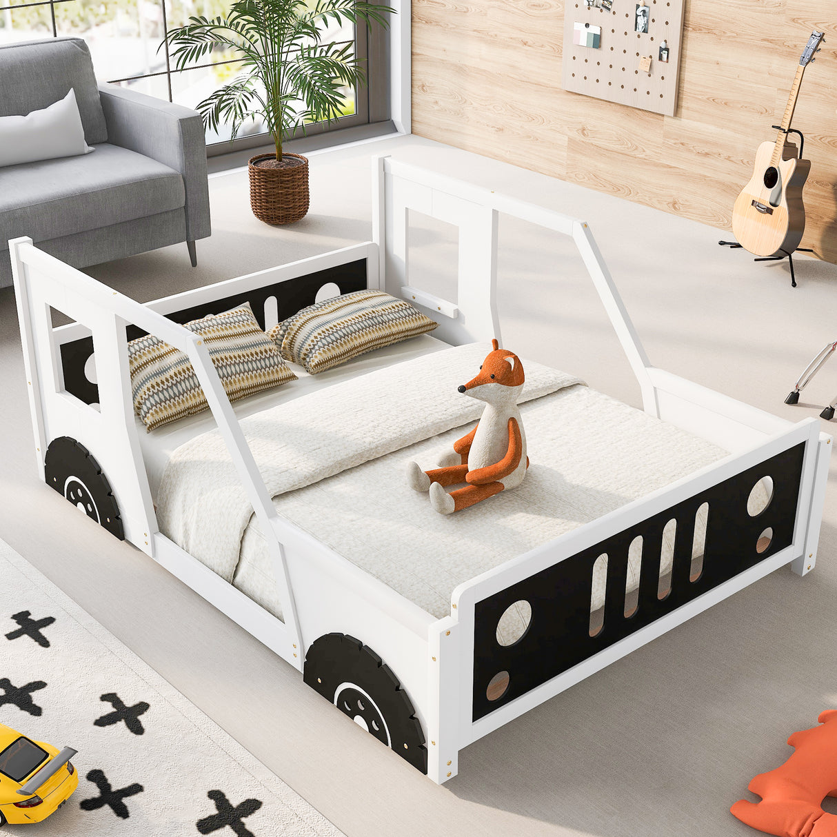 Full Size Classic Car-Shaped Platform Bed with Wheels White
