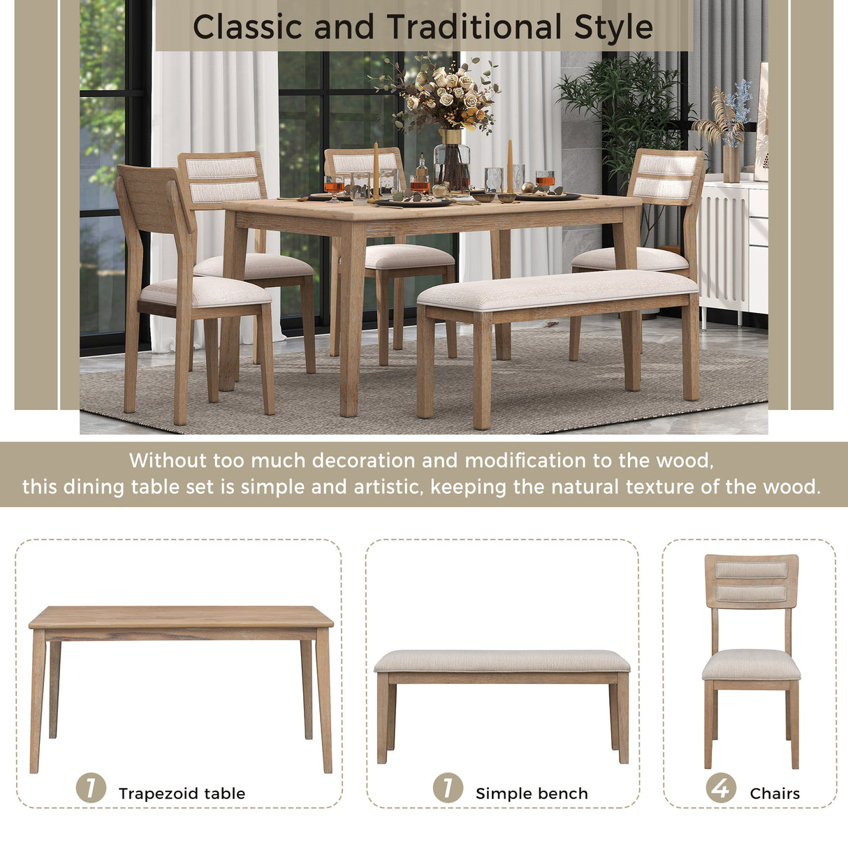 TREXM Classic and Traditional Style 6 - Piece Dining Set, Includes Dining Table, 4 Upholstered Chairs & Bench (Natural Wood Wash)
