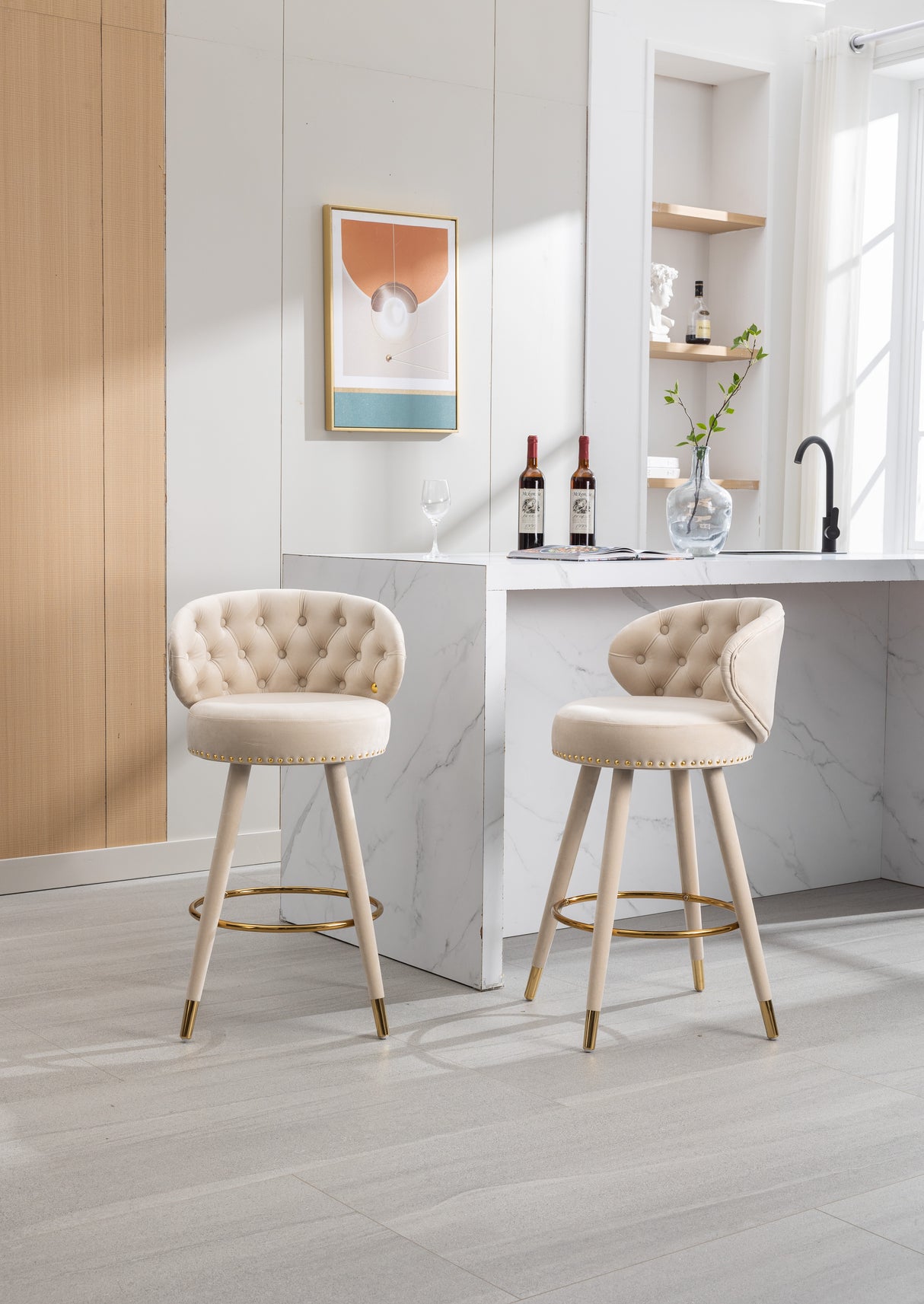 COOLMORE Counter Height Bar Stools Set of 2 for Kitchen Counter Solid Wood Legs with a fixed height of 360 degrees Beige