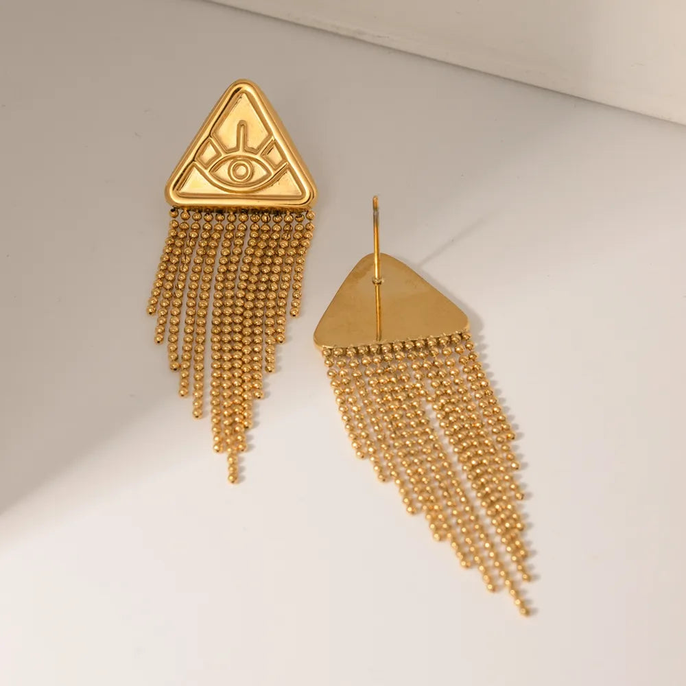 Triangular relief devil's eye design with tassel titanium steel earrings - V.I.P Digital Presence