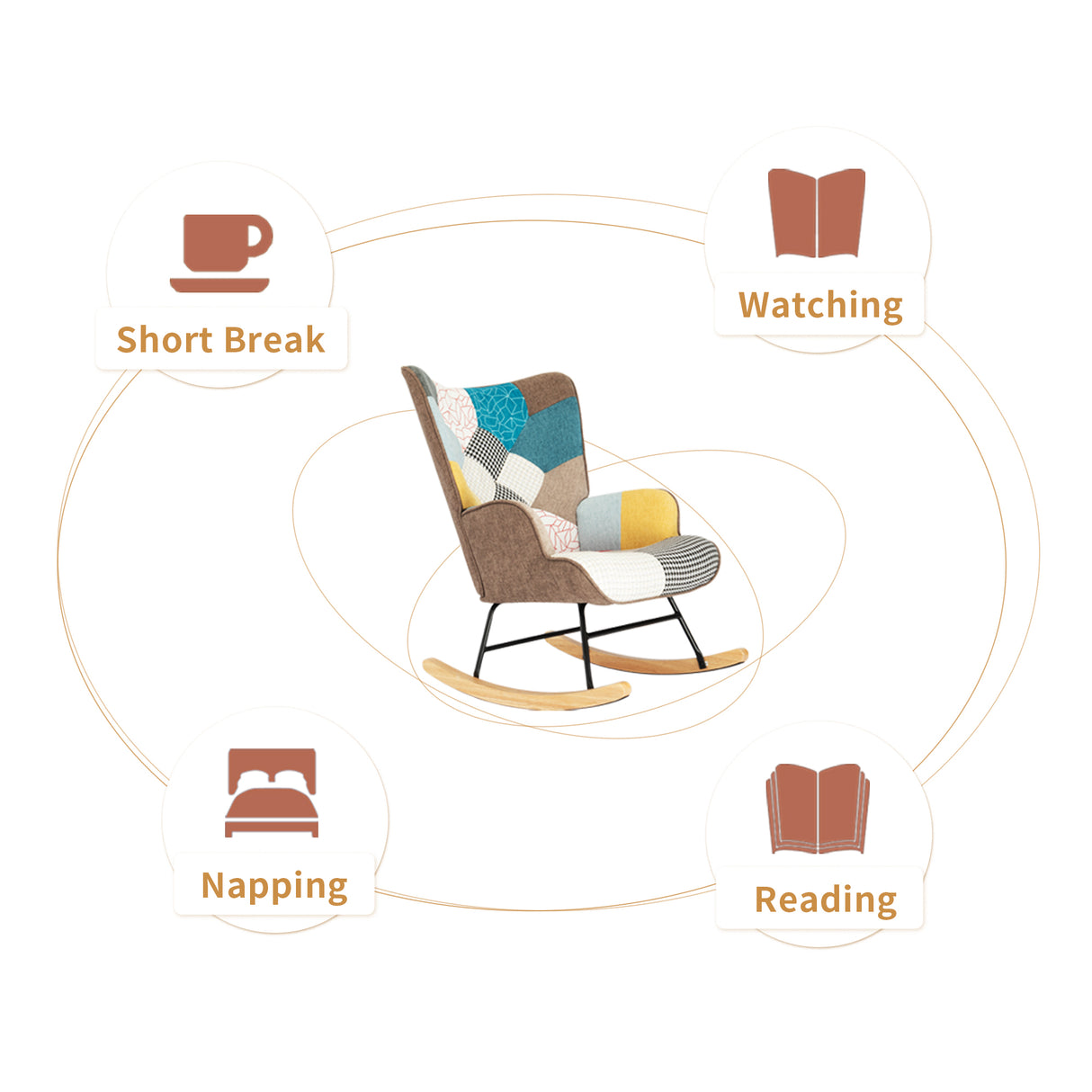 Rocking Chair with ottoman, Mid Century Fabric Rocker Chair with Wood Legs and Patchwork Linen for Livingroom Bedroom - V.I.P Digital Presence