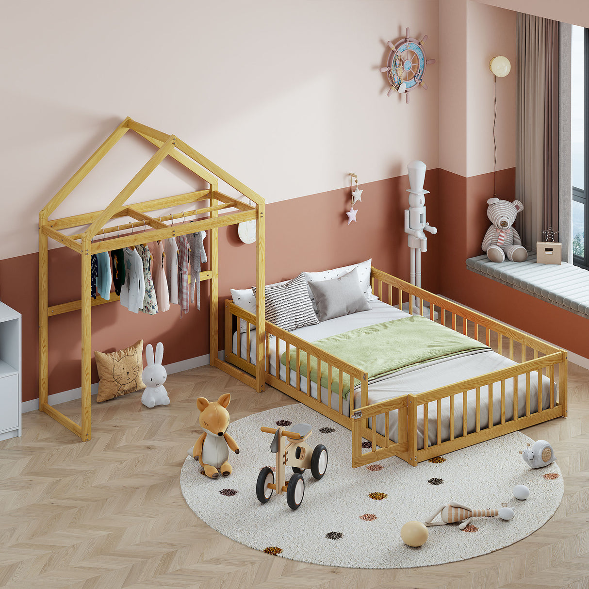 Wooden Full Size Children's Bed with Detachable Headboard and Integrated Clothes Drying Rack, Natural - V.I.P Digital Presence