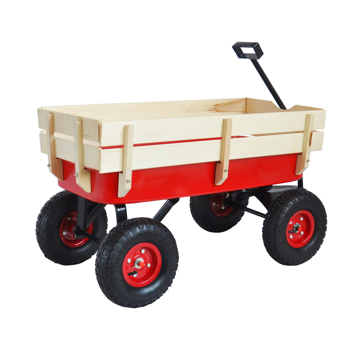 Outdoor Wagon All Terrain Pulling w/Wood Railing Air Tires Children Kid Garden(Red)