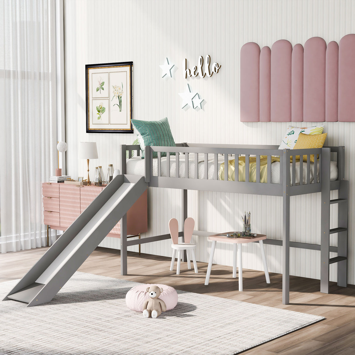 Twin Size Low Loft Bed with Ladder and Slide Gray