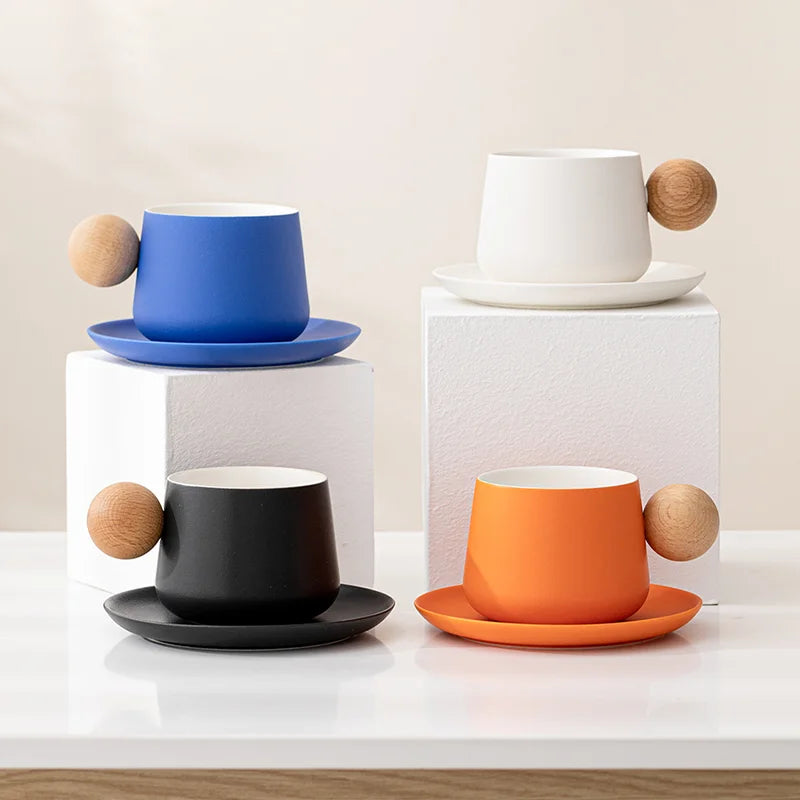 Ceramic Coffee Cup and Saucer Set Espresso Cups Light Luxury Wooden Handle Afternoon Tea Mug Female Original Mugs Couple Gifts - V.I.P Digital Presence