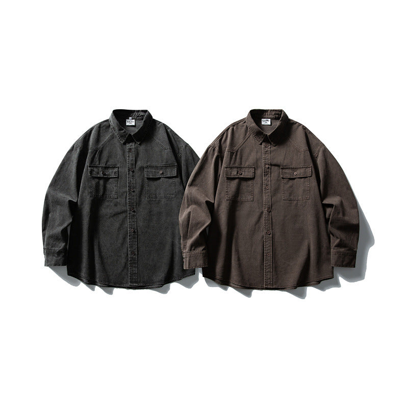 Used washed casual loose long sleeved shirt jacket men's workwear shirt - V.I.P Digital Presence