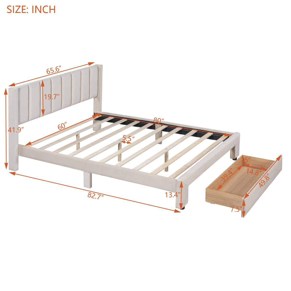 Queen Size Storage Bed Velvet Upholstered Platform Bed with a Big Drawer - Beige - V.I.P Digital Presence