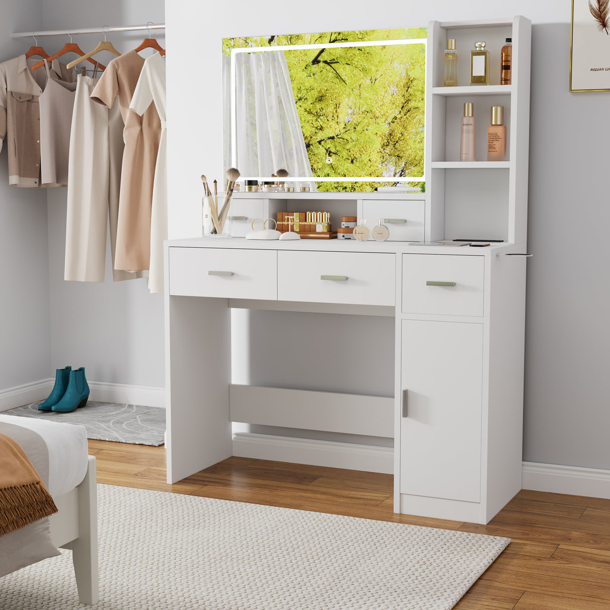 Smart mirror dressing table with drawers and storage cabinets, dressing table with bedroom dressing table, changing room