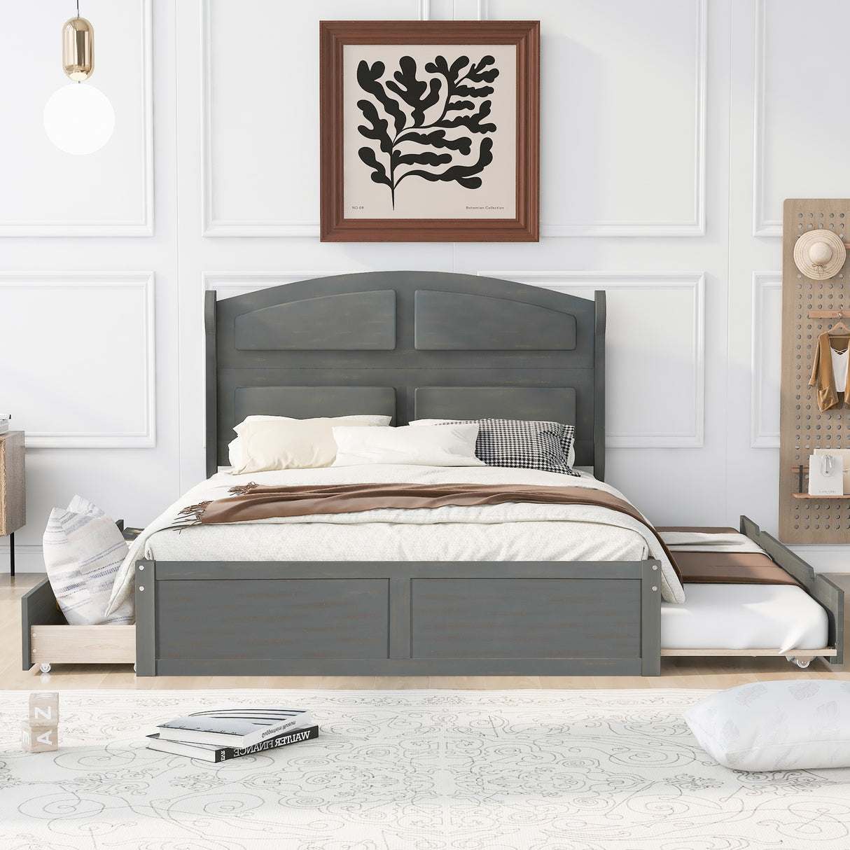 Wood Queen Size Platform Bed with Twin Size Trundle and 2 Drawers Antique Gray