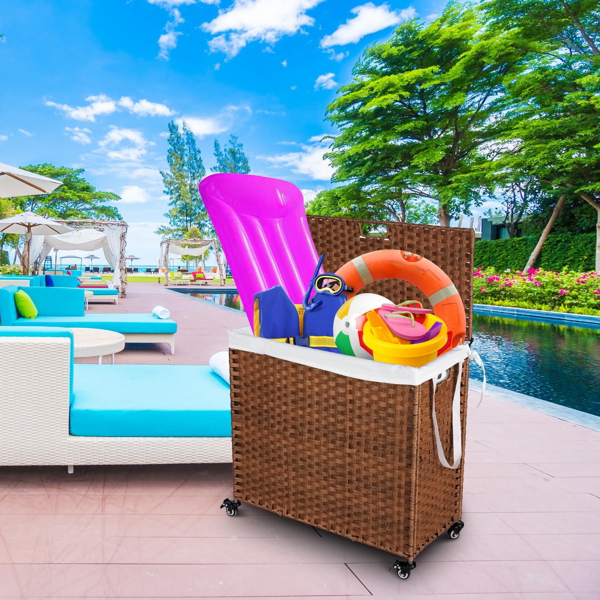 Laundry Hamper With Lid PE Rattan Powder Coating Frame Clothes Hampers with 02 Removable Bags, Wheels, 160L, Brown Color - V.I.P Digital Presence