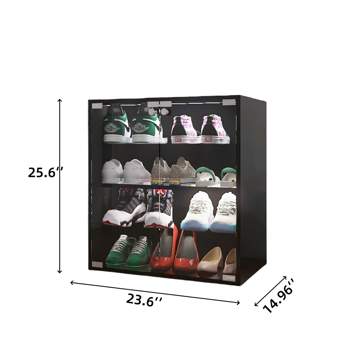 4 Layers Black Shoe Cabinet with Glass Door and Glass Layer Shoes Display Cabinet with LED light Bluetooth Control - V.I.P Digital Presence