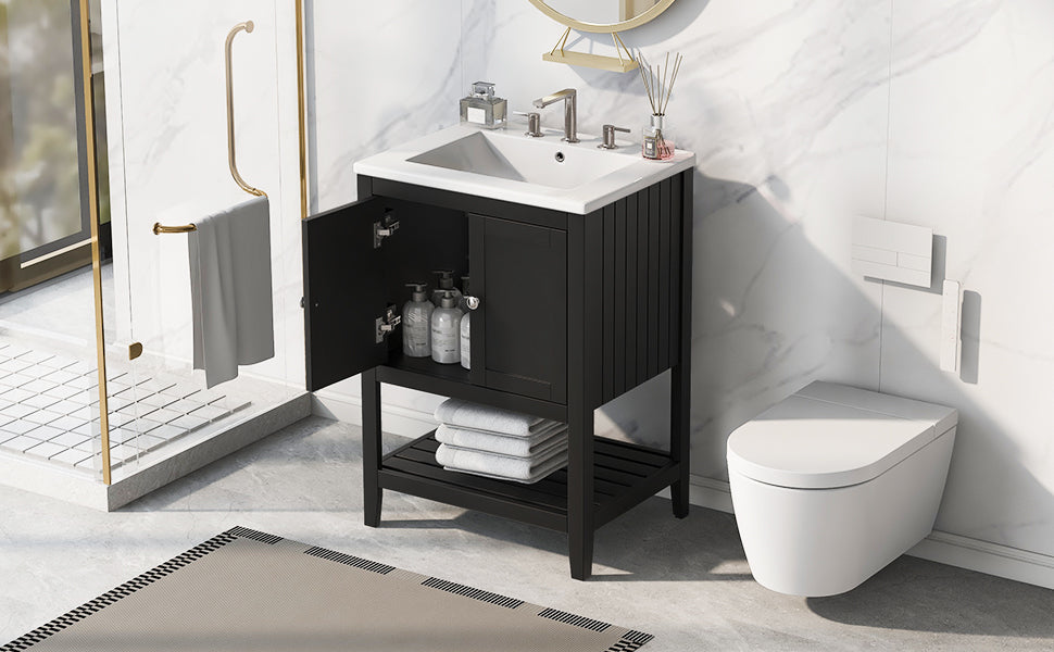 24" Black Modern Sleek Bathroom Vanity Elegant Ceramic Sink with Solid Wood Frame Open Style Shelf - V.I.P Digital Presence