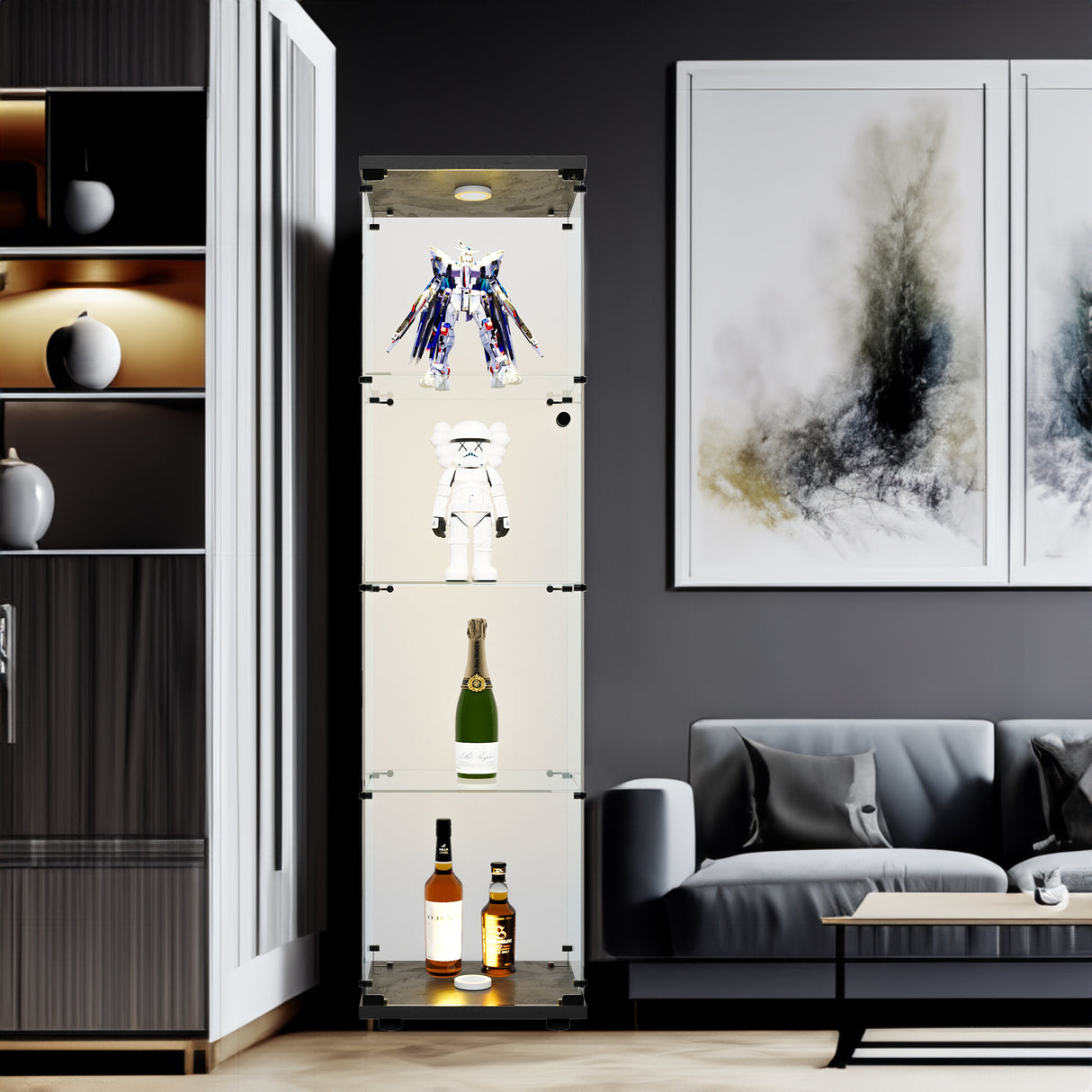 4 LED light glass display cabinets with door shelves, floor standing antique bookshelf, 64.7 "* 16.7" * 14.3 ", black - V.I.P Digital Presence