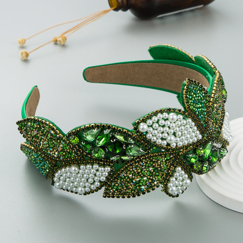 Headband Fashion Ball Rhinestone Pearl Leaf-Shaped Baroque Headband Exaggerated Wide-Brimmed Hair Accessories - V.I.P Digital Presence