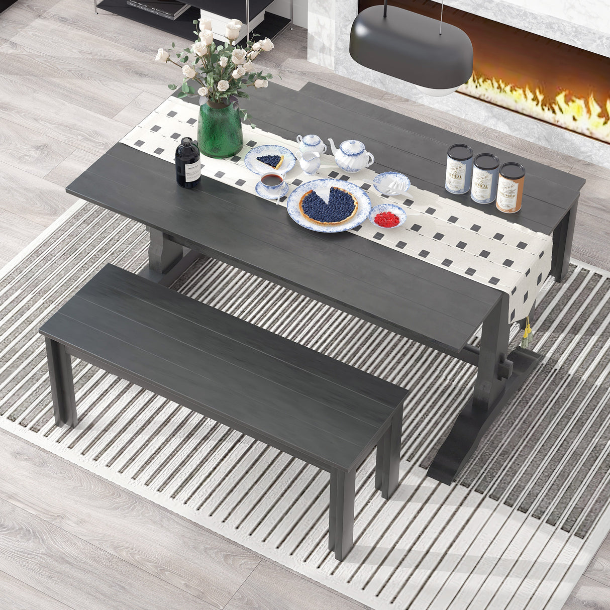 TREXM 3-piece retro cutlery set, rectangular stand table, and 2 wooden stools for 4 people (gray) - V.I.P Digital Presence