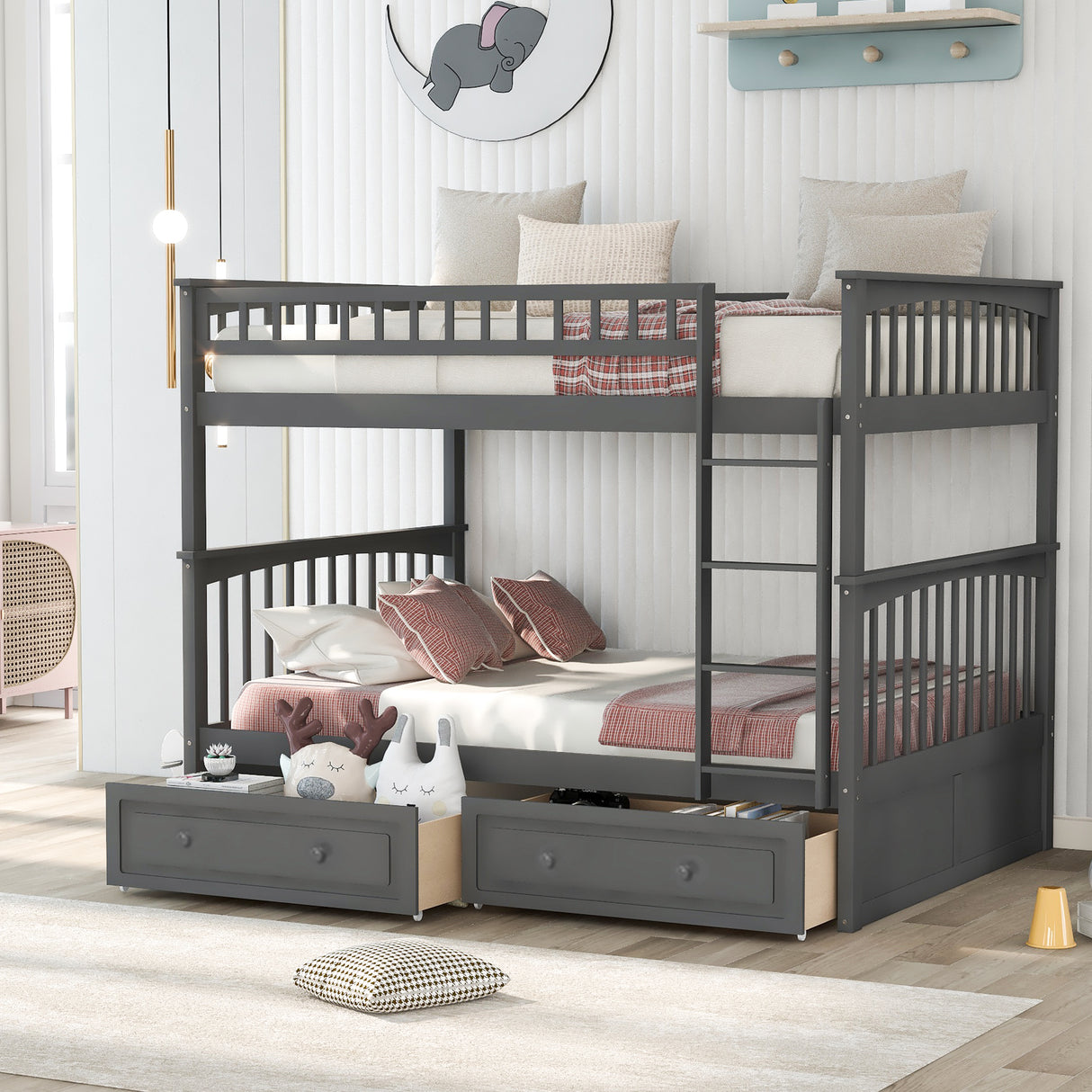 Full over Full Bunk Bed with Drawers, Convertible Beds Gray
