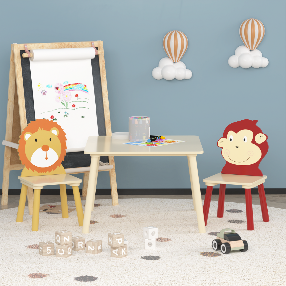 Kids Table and 2 Chairs Set 3 Pieces Toddler Table and Chair Set Wooden Activity Play Table Set (Lion&Monkey) - V.I.P Digital Presence