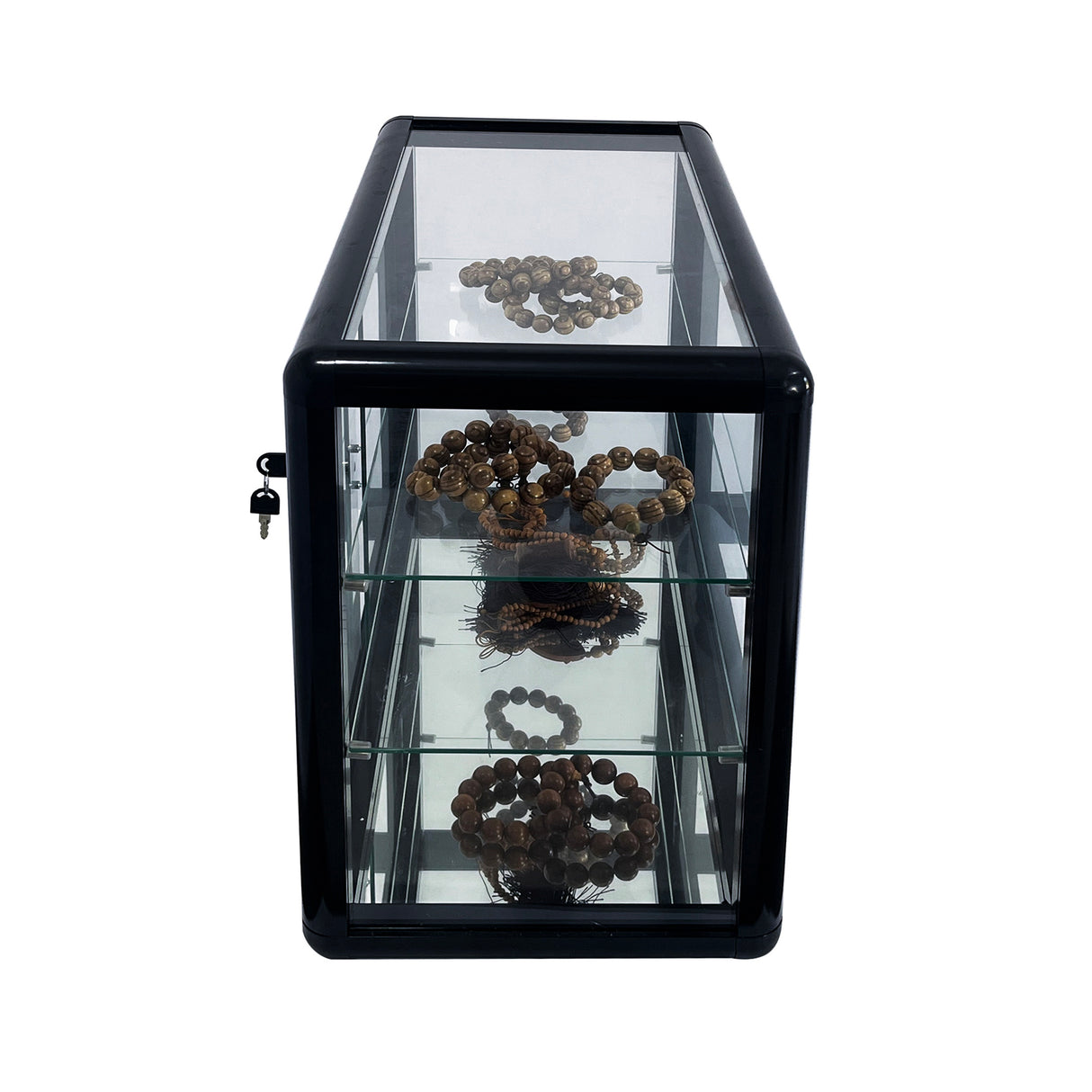 Tempered glass counter top display cabinet with sliding glass door and lock, standard aluminum frame - V.I.P Digital Presence