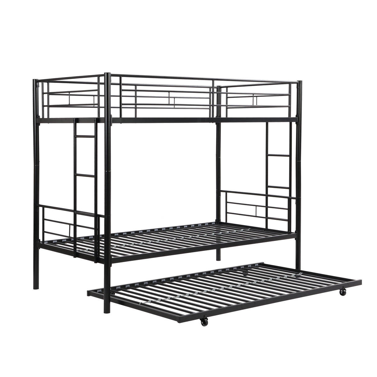 Twin bunk bed frame with trailer, metal bunk bed with sturdy guardrail and side ladder, can be divided into two beds, black - V.I.P Digital Presence