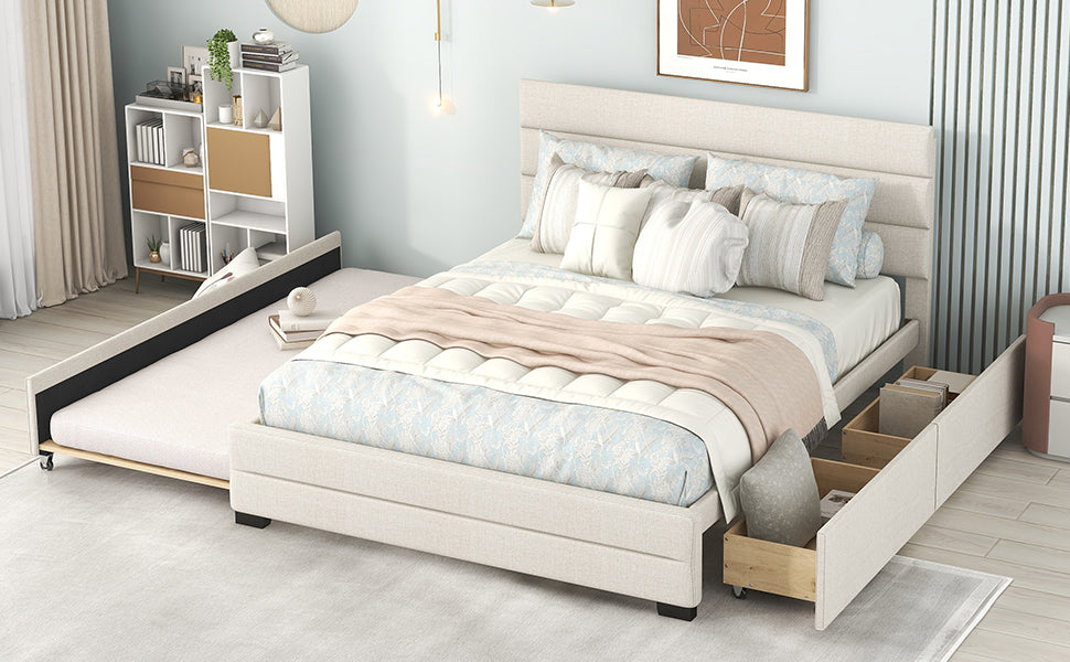 Queen Upholstered Platform Bed with Twin Size Trundle and Two Drawers Beige