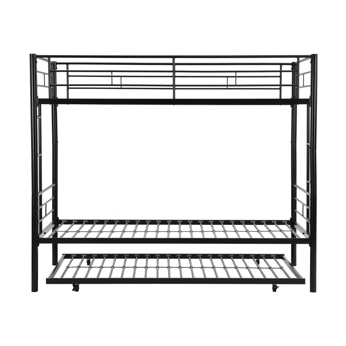 Twin bunk bed frame with trailer, metal bunk bed with sturdy guardrail and side ladder, can be divided into two beds, black - V.I.P Digital Presence
