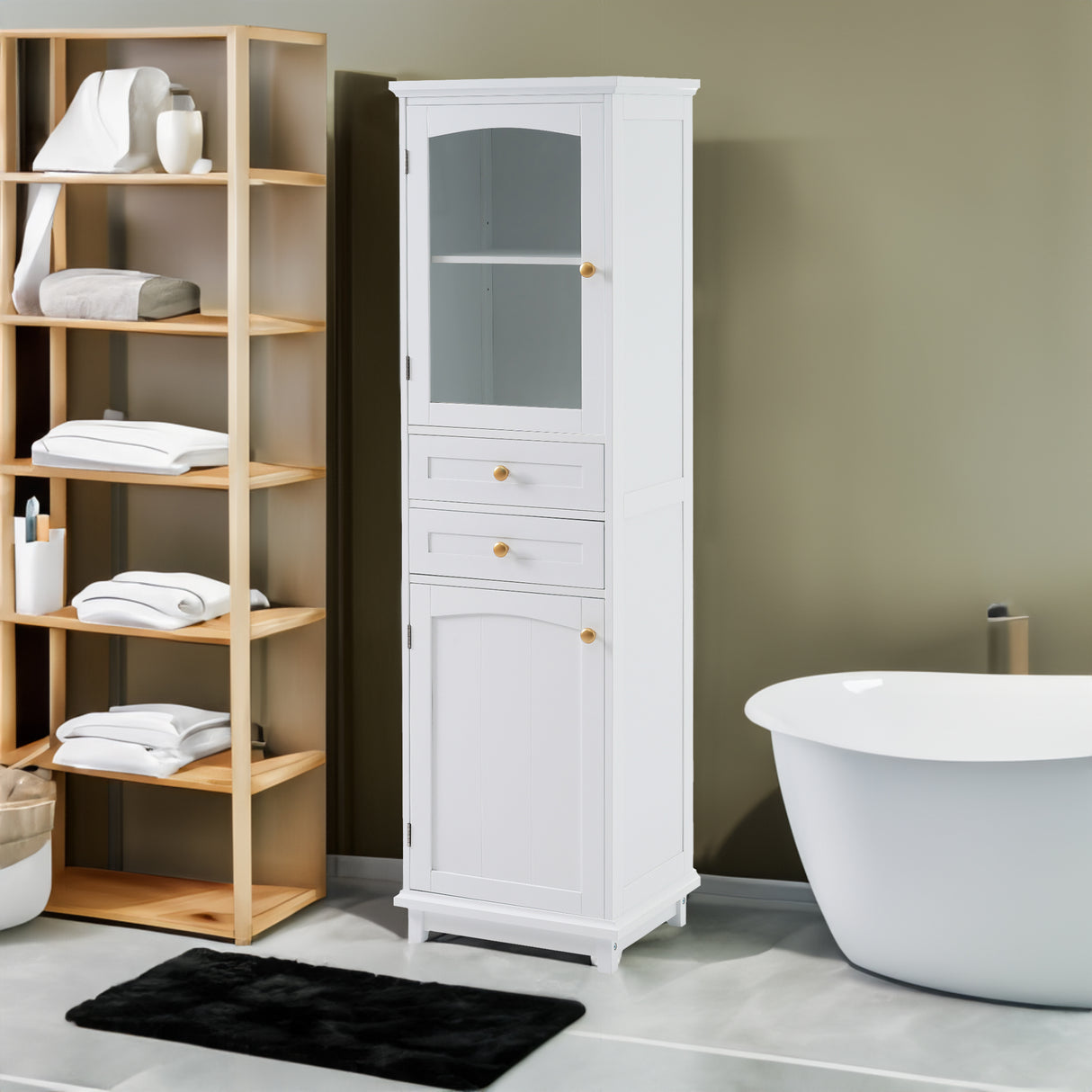 High bathroom storage cabinet with glass door, freestanding, two drawers and adjustable shelves, MDF board, painted white - V.I.P Digital Presence