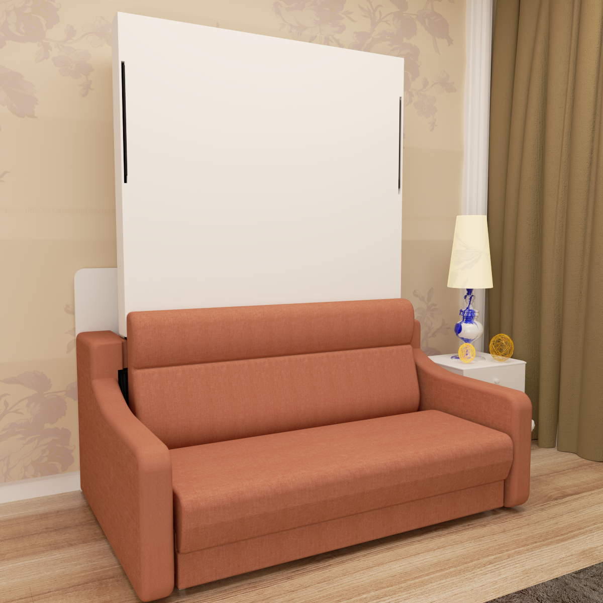 Full size Morden Deisgn vertical Murphy bed with sofa and drawers, white wall bed, space saving hidden bed with new gas pillars - V.I.P Digital Presence