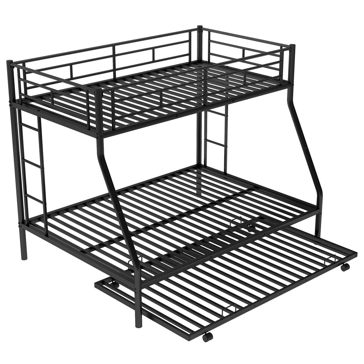 Twin over Full Bed with Sturdy Steel Frame Bunk Bed with Twin Size Trundle Two-Side Ladders Black