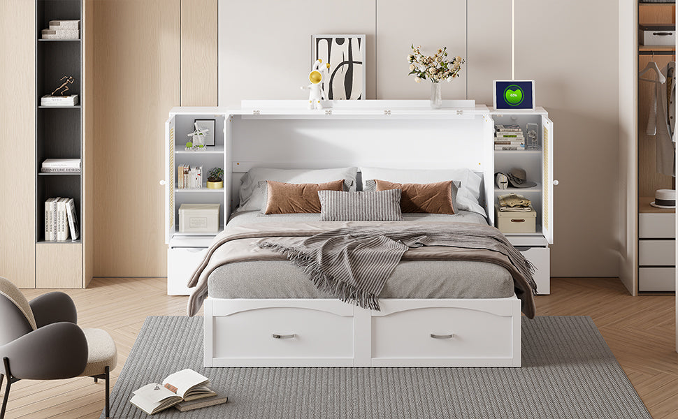 Large Murphy bed wall mounted bed with drawers, 2 storage cabinets, 1 set of sockets and USB ports, white - V.I.P Digital Presence