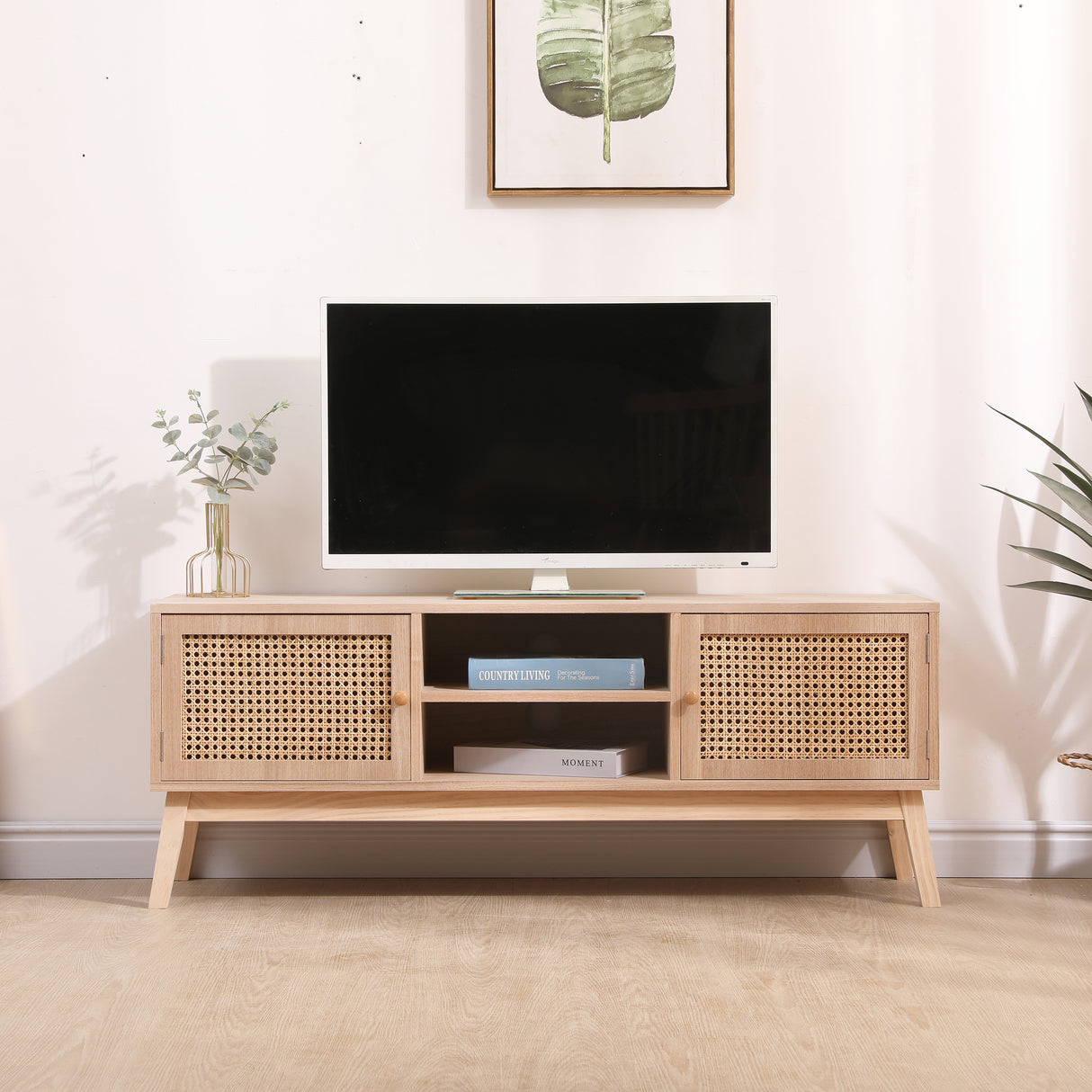 SUPERJARE Boho TV Stand for 55 Inch TV, Entertainment Center with Adjustable Shelf,Real Rattan TV Console with 2 Cabinets - V.I.P Digital Presence