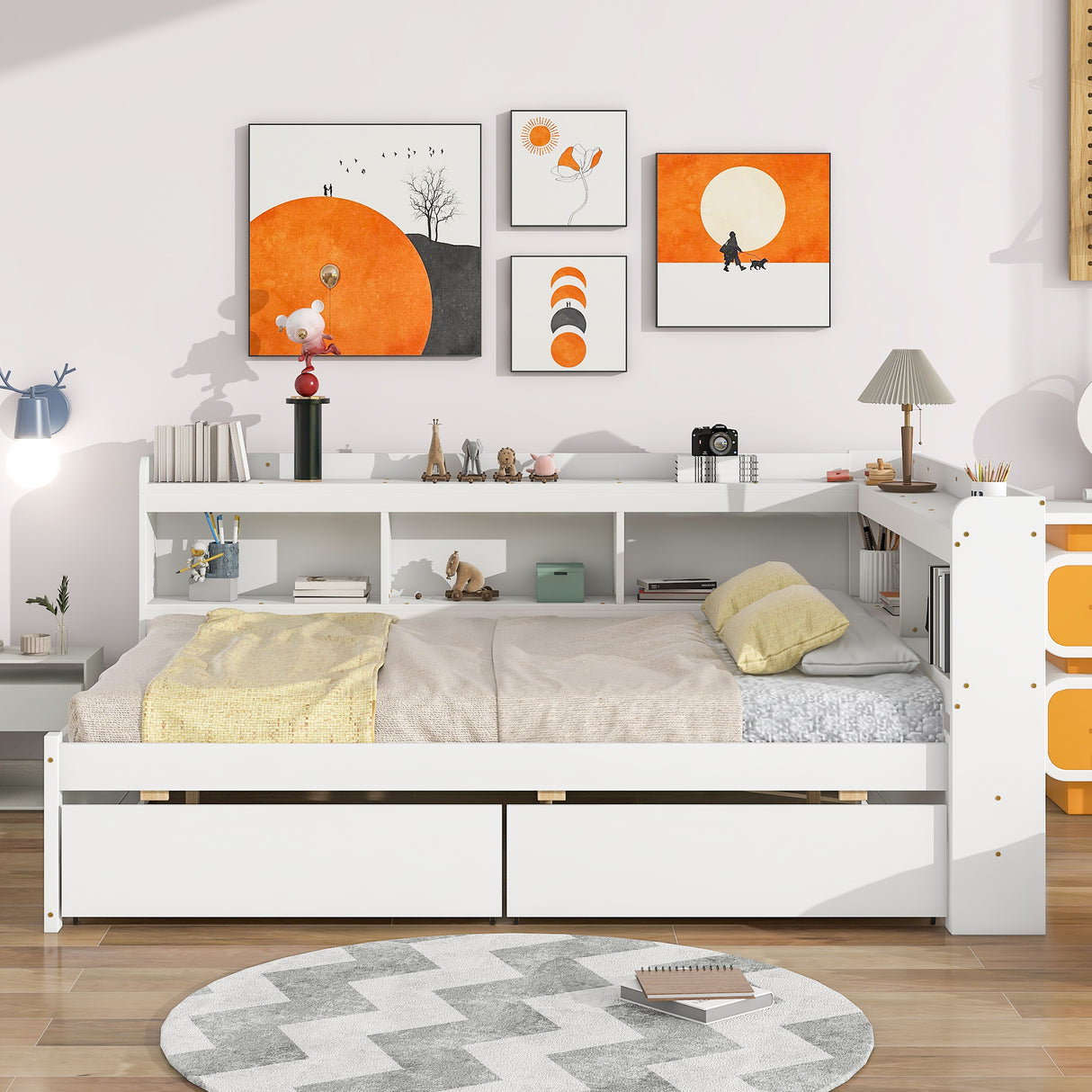 Full Bed with L-shaped Bookcases, Drawers ,White - V.I.P Digital Presence