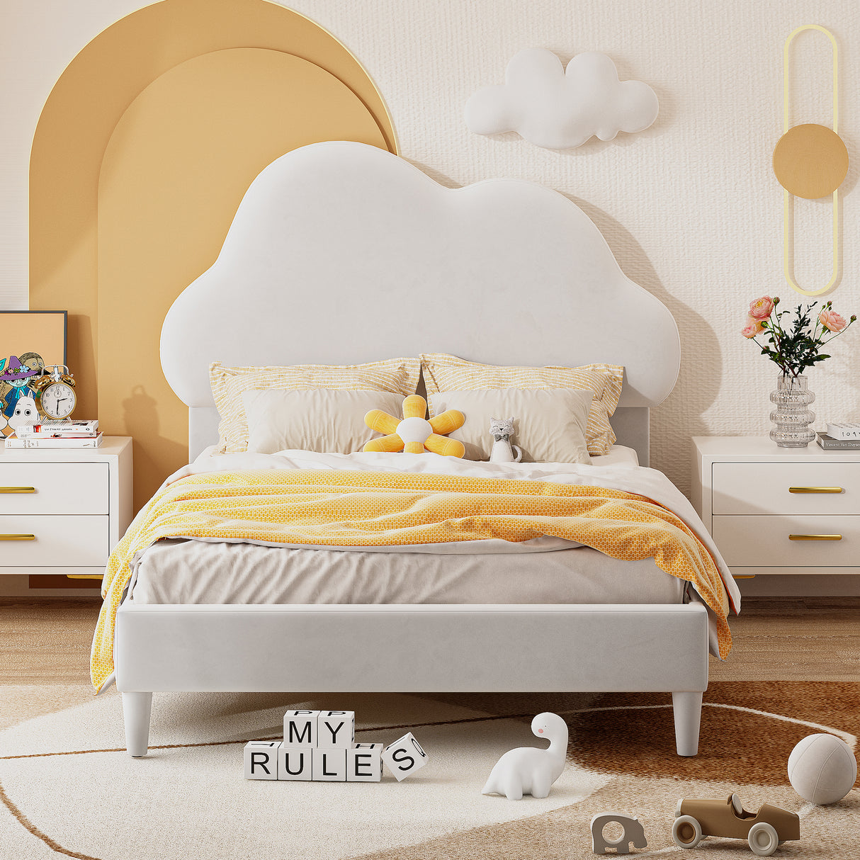 Twin Size Upholstered Cloud-Shape Bed ,Velvet Platform Bed with Headboard,No Box-spring Needed,Beige - V.I.P Digital Presence