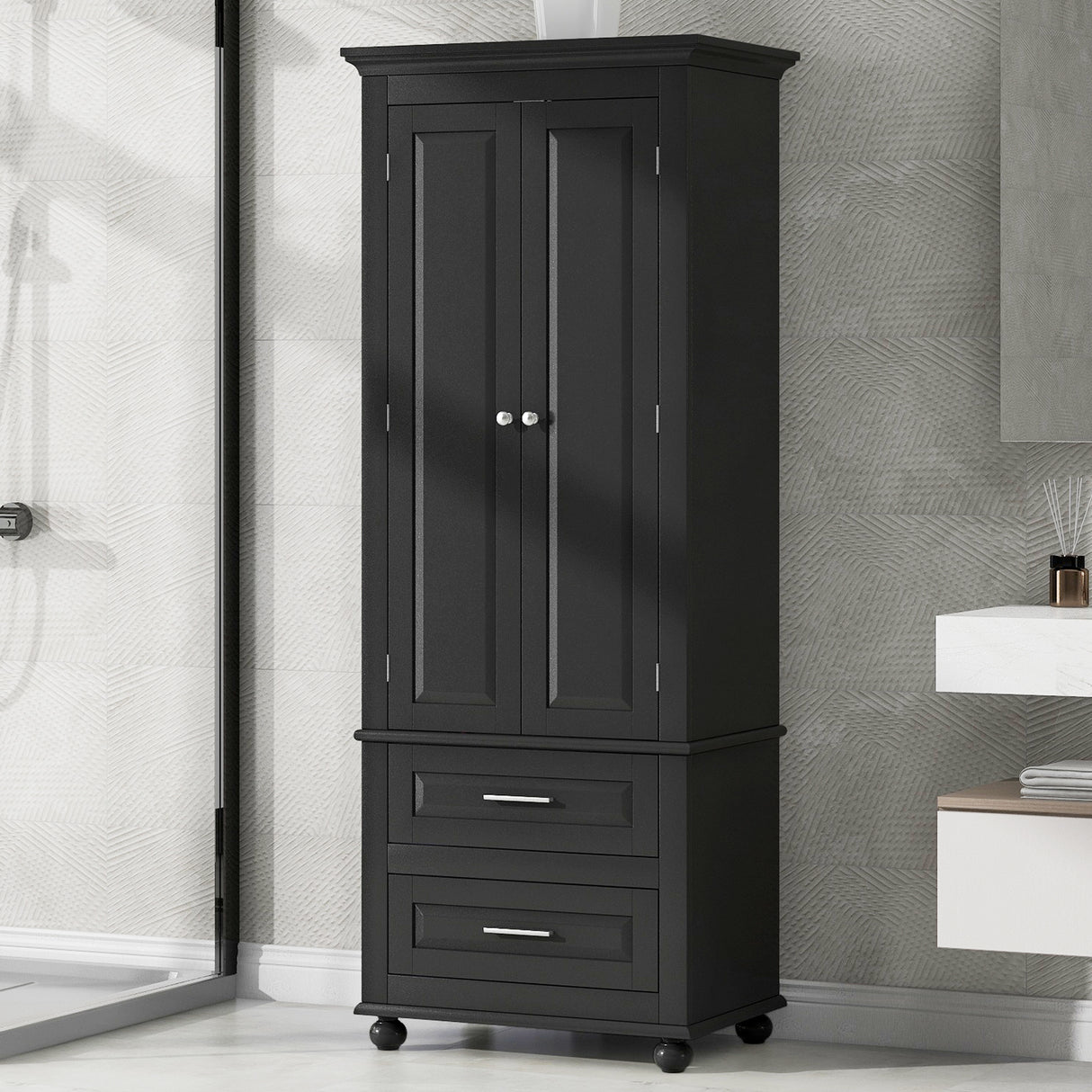 Tall Storage Cabinet with Two Drawers for Bathroom/Office, Black - V.I.P Digital Presence
