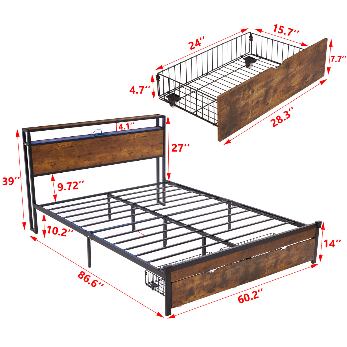 Large metal bed frame with wooden headboard and USB foot pedal, charging station, 2 drawers, LED lights, no need for box spring - V.I.P Digital Presence