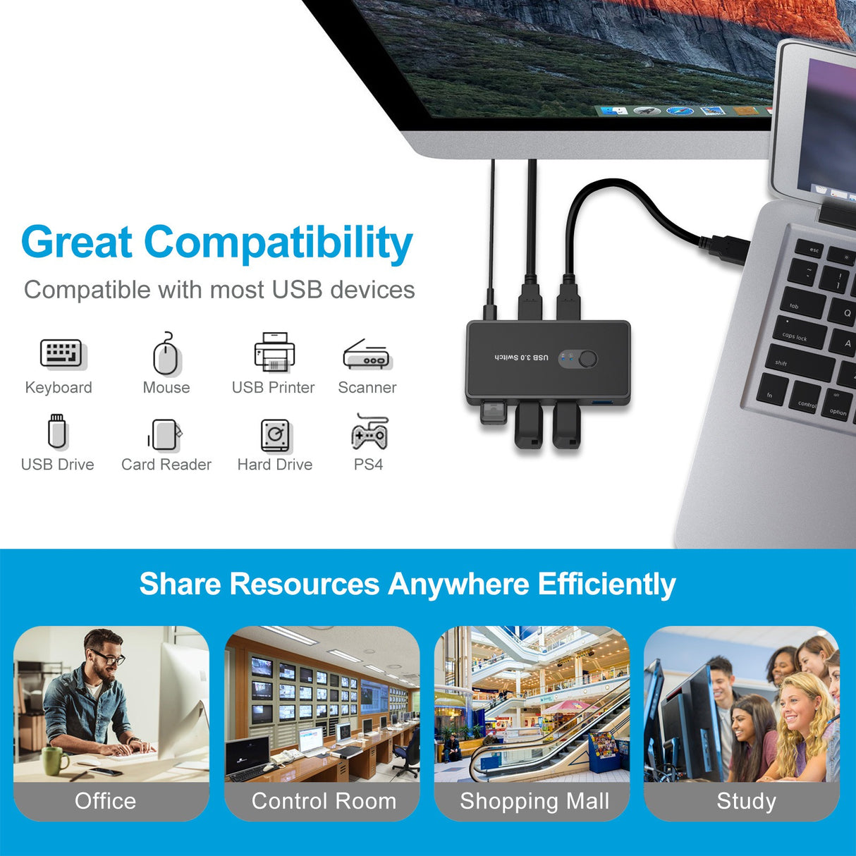 USB 3.0 Switch Adapter 4-port USB Peripheral Switch Box Hub - V.I.P Digital Presence