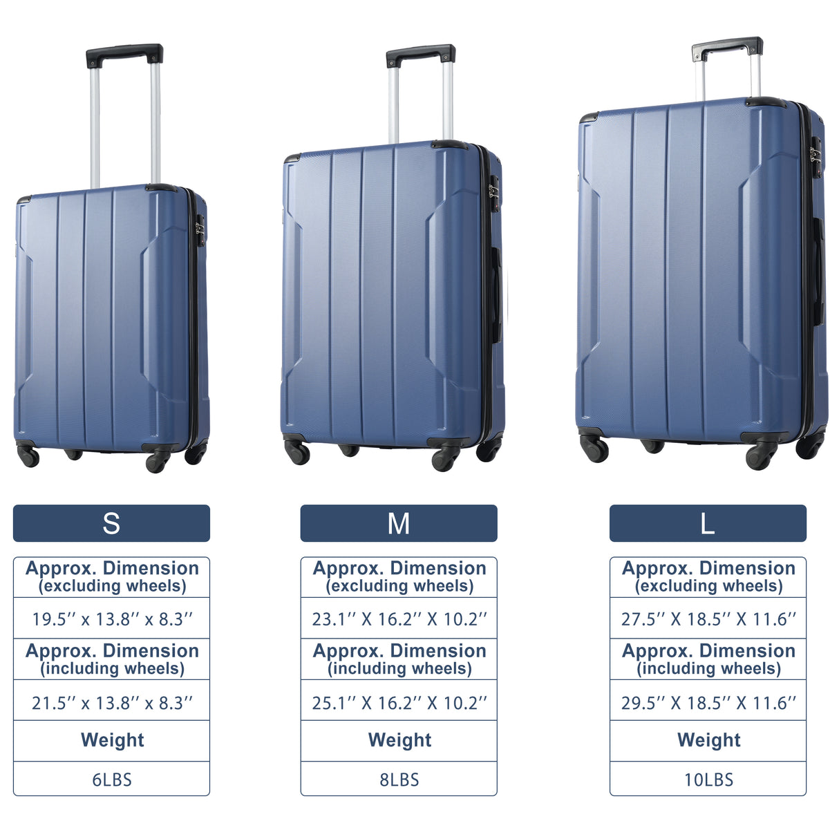 Hardshell Luggage Sets 3 Pcs Spinner Suitcase with TSA Lock Lightweight 20''24''28'' Blue + ABS